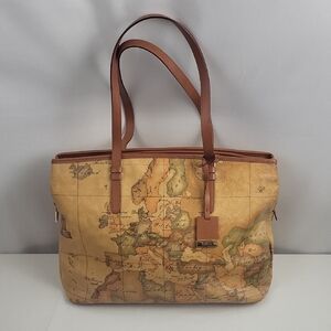 Vintage Map Print Leather Tote